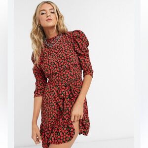 Topshop Red Rose Print Mini Dress Grunge Dark Romantic Floral Goth Dark Feminine